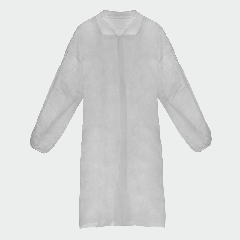 The ASTERIA Disposable Coat is made of durable non-woven fabric and has a length below the knees.